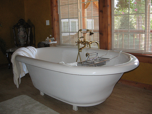 Large white freestanding tub with brass fixtures